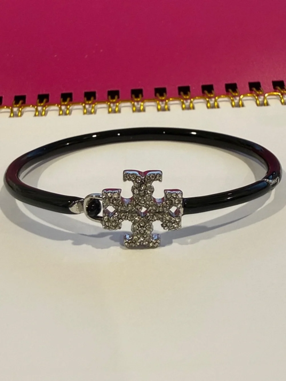 Tory Burch | Silver & Black Enamel Crystal Logo Hinged Bracelet | Medium